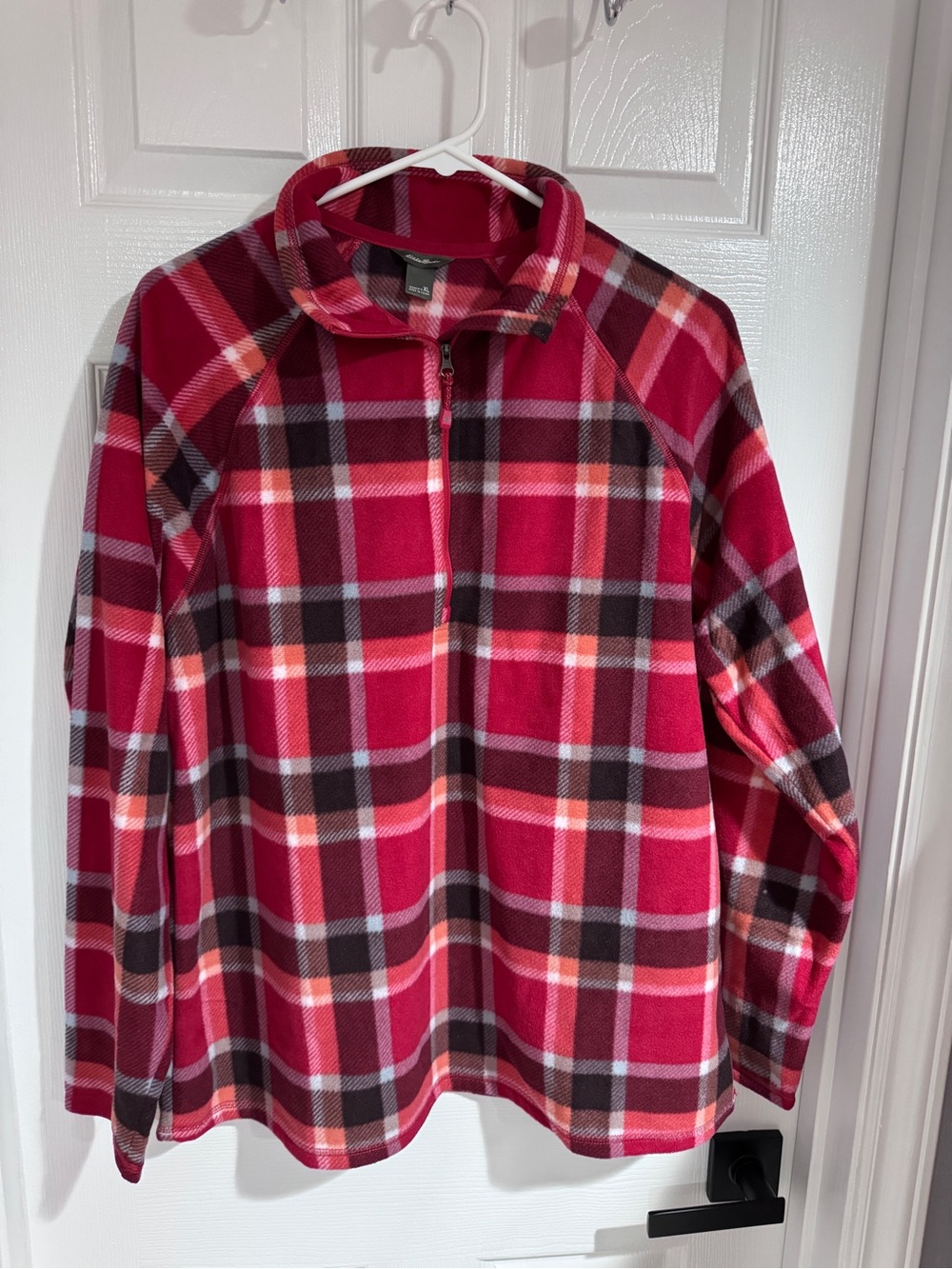 New, Eddie Bauer Red Plaid Fleece Half-Zip Pullover
